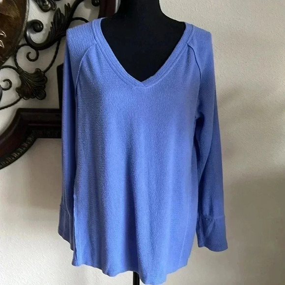 Wildfox Ocean Blue Plush Haley Waffle Knit V-Neck Top Large - Picture 1 of 16